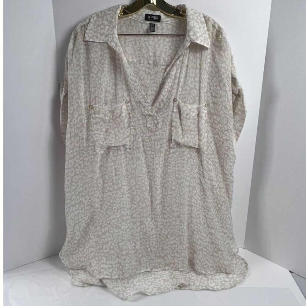 Jones NY White/Tan Leopard Print Split Neck Short Sleeve Tunic High/Low Hem 3X
